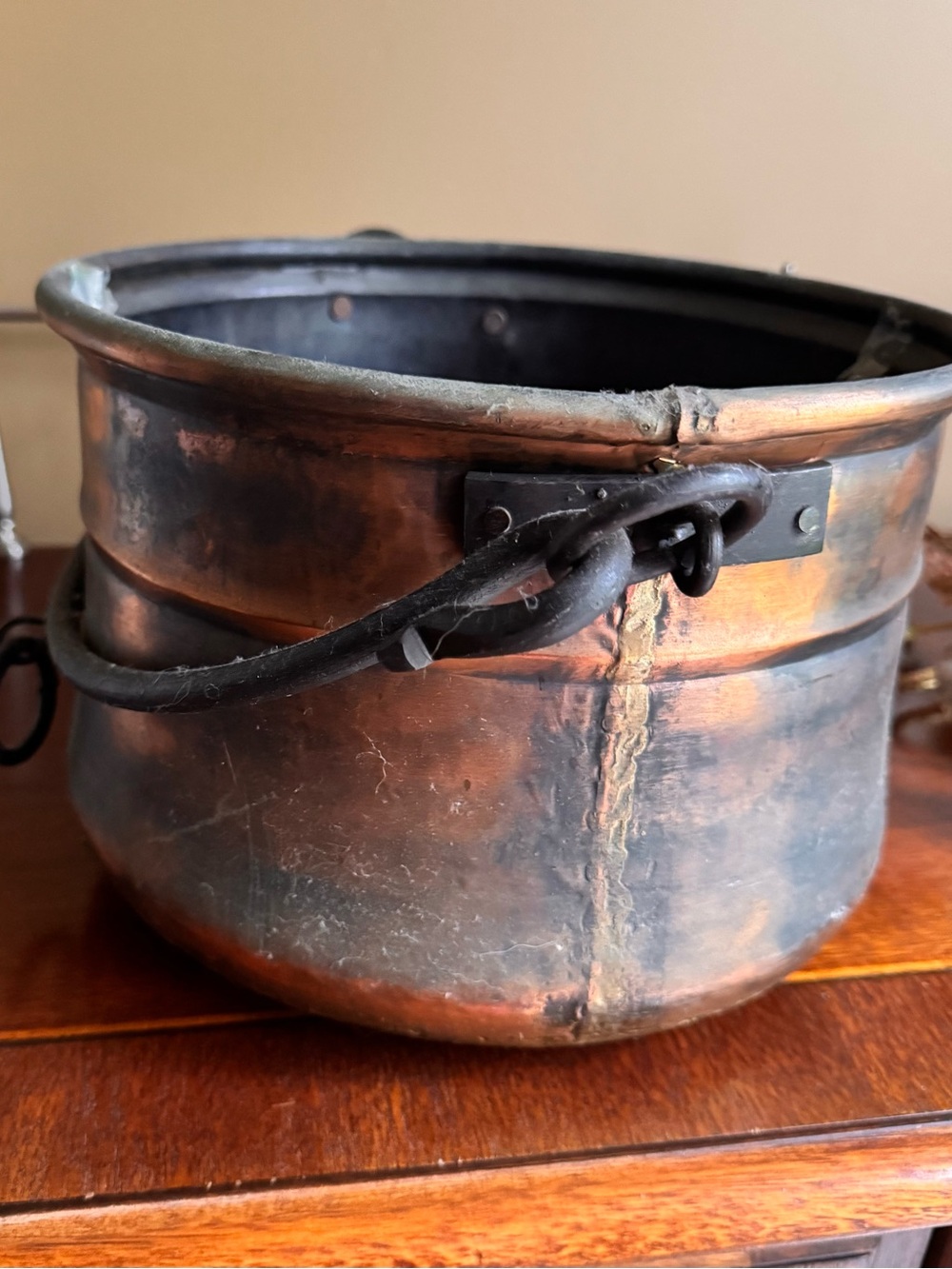 Vintage Hammered Copper Bucket Cauldron Wrought Iron Handle
